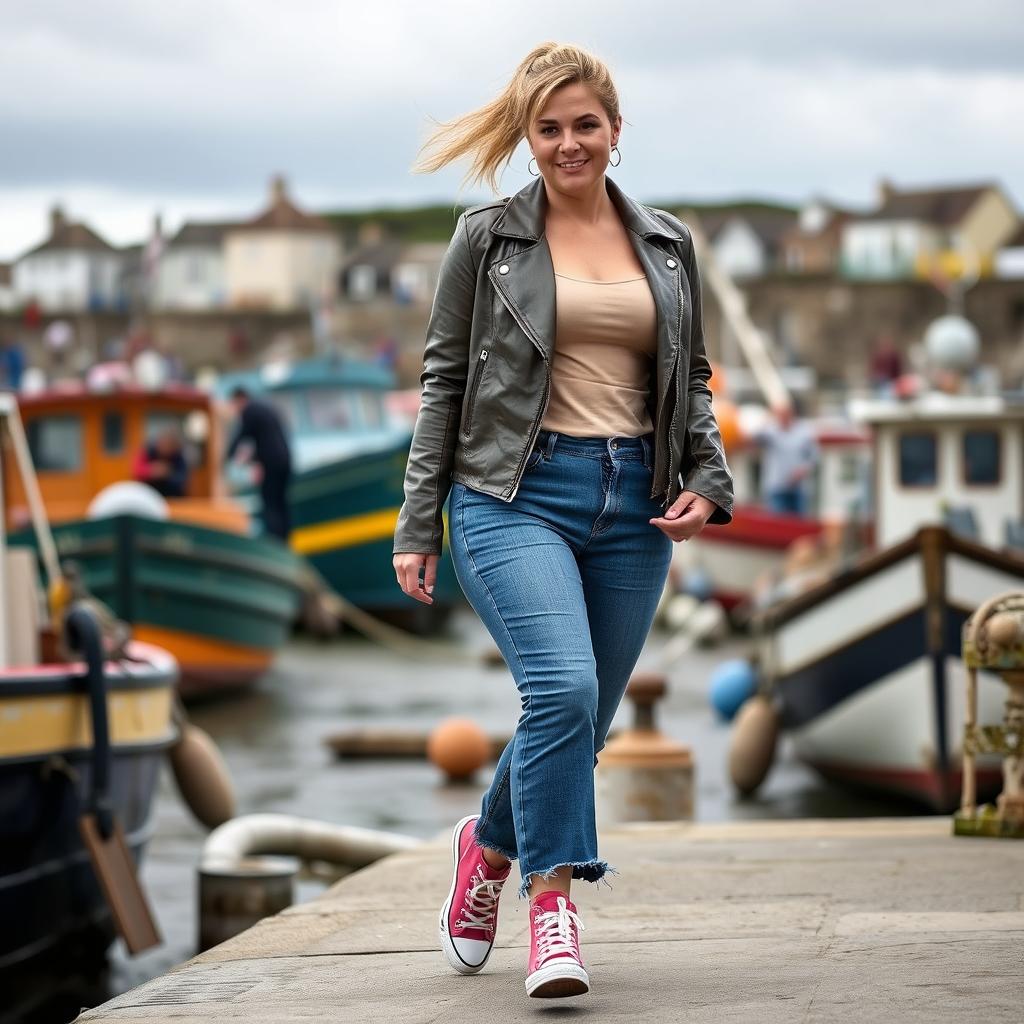 A curvy and chubby 40-year-old blonde lady with her hair in a ponytail, dressed in a Deep Stone Basic Slinky Long Sleeve Crop Top, a Stone Basic Faux Leather Biker Jacket, and Mid Blue Wash Long Straight Leg Raw Hem Jeans