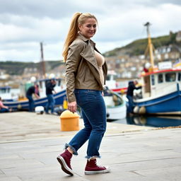 A curvy and chubby 40-year-old blonde lady with her hair in a ponytail, dressed in a Deep Stone Basic Slinky Long Sleeve Crop Top, a Stone Basic Faux Leather Biker Jacket, and Mid Blue Wash Long Straight Leg Raw Hem Jeans