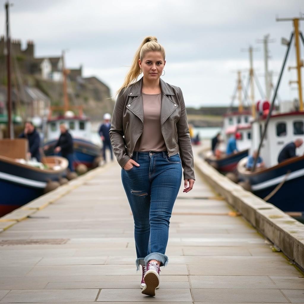 A curvy and chubby 40-year-old blonde lady with her hair in a ponytail, dressed in a Deep Stone Basic Slinky Long Sleeve Crop Top, a Stone Basic Faux Leather Biker Jacket, and Mid Blue Wash Long Straight Leg Raw Hem Jeans