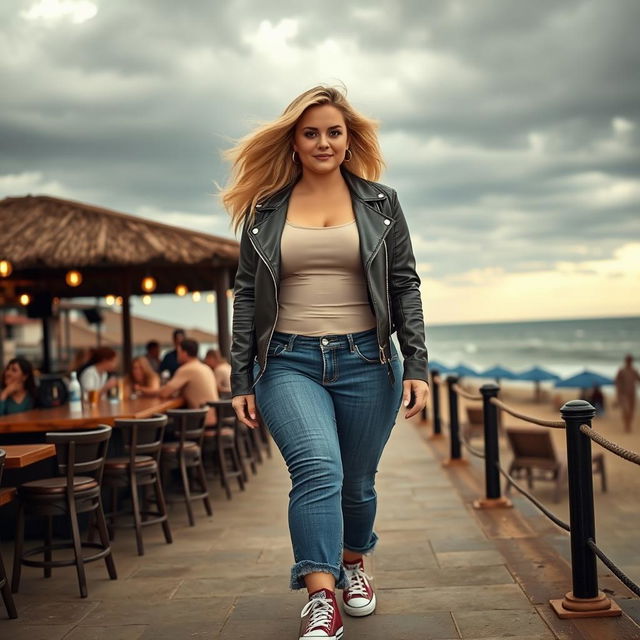 A curvy and chubby blonde 40-year-old lady with her hair beautifully flowing in the breeze