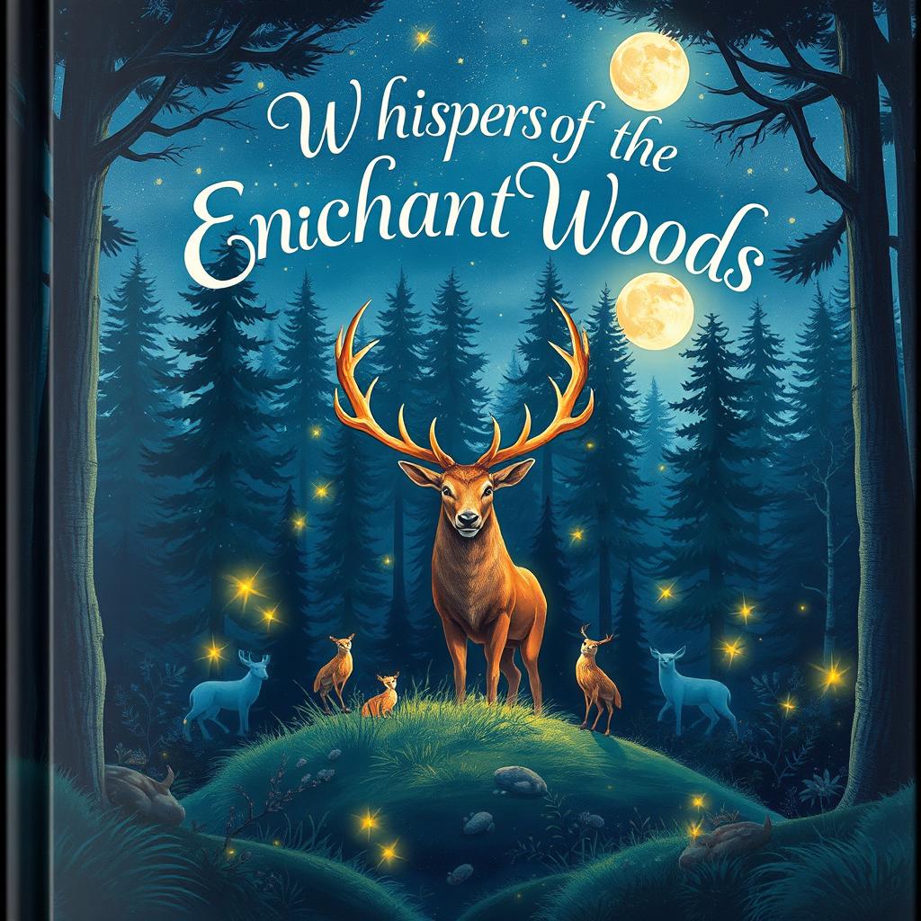 A captivating book cover illustration featuring an enchanted forest under a starlit sky