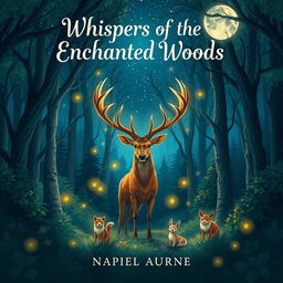 A captivating book cover illustration featuring an enchanted forest under a starlit sky