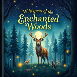 A captivating book cover illustration featuring an enchanted forest under a starlit sky