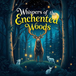 A captivating book cover illustration featuring an enchanted forest under a starlit sky