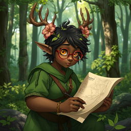 a chubby, dark-skinned elf ranger with large flowering antlers, yellow eyes, and round glasses