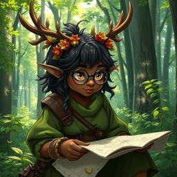 a chubby, dark-skinned elf ranger with large flowering antlers, yellow eyes, and round glasses