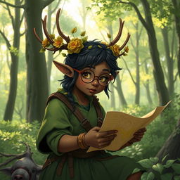 a chubby, dark-skinned elf ranger with large flowering antlers, yellow eyes, and round glasses