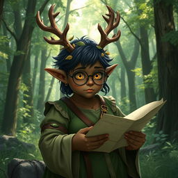 a chubby, dark-skinned elf ranger with large flowering antlers, yellow eyes, and round glasses