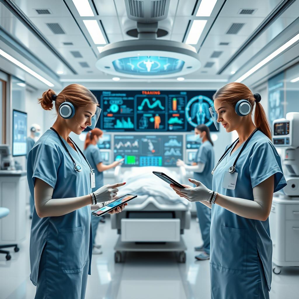 A futuristic and engaging image illustrating the digital transformation in nursing and healthcare