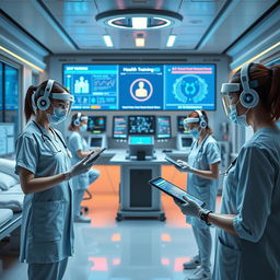 A futuristic and engaging image illustrating the digital transformation in nursing and healthcare