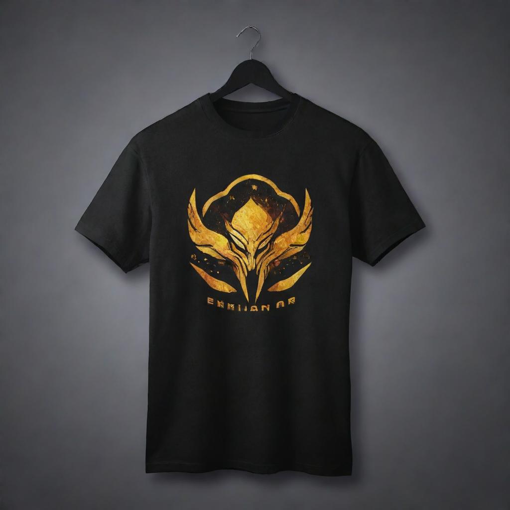 A trendy eSports team t-shirt design, showcasing the name 'Emsot Gar', incorporating motifs and design elements associated with gaming and competition.