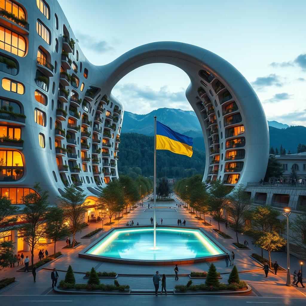 A super realistic depiction of a bionic building with a futuristic, twisting, irregular shape