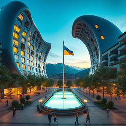 A super realistic depiction of a bionic building with a futuristic, twisting, irregular shape