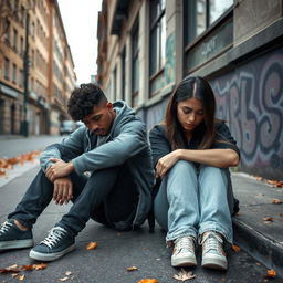 Two sad and depressed young adults sitting on a city sidewalk, with their heads down and arms resting on their knees