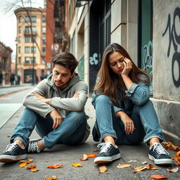 Two sad and depressed young adults sitting on a city sidewalk, with their heads down and arms resting on their knees