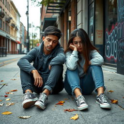 Two sad and depressed young adults sitting on a city sidewalk, with their heads down and arms resting on their knees