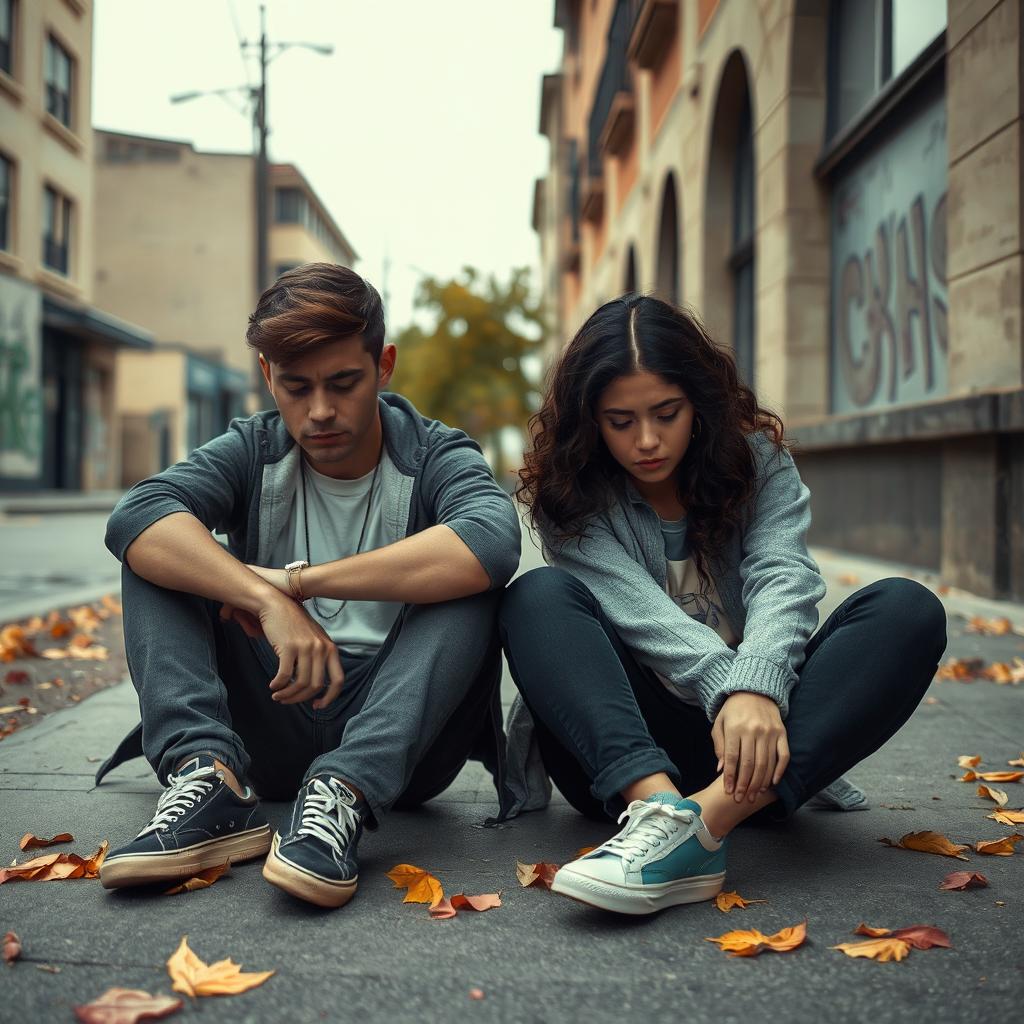 Two sad and depressed young adults sitting on a city sidewalk, with their heads down and arms resting on their knees