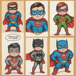 Create a four-paneled comic strip featuring a cute superhero. Each panel showcases a unique and creative outfit design for this hero.