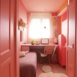 An aesthetic and beautifully designed small room with optimal use of space, incorporating warm lighting, delightful color palette and cozy furniture.