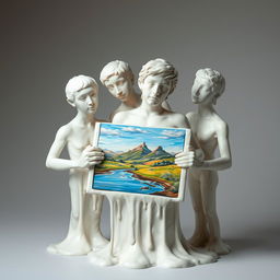 four uniquely posed plaster statues melting together, depicting a young adult holding an artboard showcasing a beautiful landscape painting