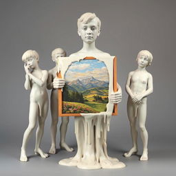 four uniquely posed plaster statues melting together, depicting a young adult holding an artboard showcasing a beautiful landscape painting