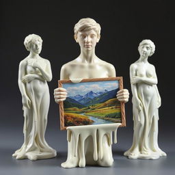 four uniquely posed plaster statues melting together, depicting a young adult holding an artboard showcasing a beautiful landscape painting