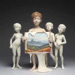 four uniquely posed plaster statues melting together, depicting a young adult holding an artboard showcasing a beautiful landscape painting