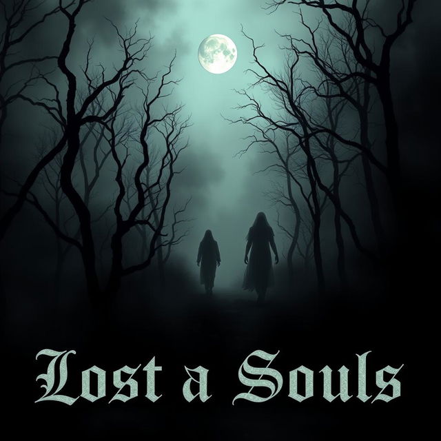 A haunting and melancholic book cover depicting two lost souls wandering in a dark, misty forest