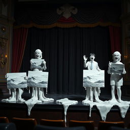 Crude plaster statues melting together of four horrified students uniquely posed on a theater stage, each holding a different canvas of a landscape