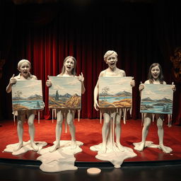 Crude plaster statues melting together of four horrified students uniquely posed on a theater stage, each holding a different canvas of a landscape