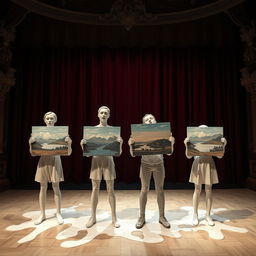 Crude plaster statues melting together of four horrified students uniquely posed on a theater stage, each holding a different canvas of a landscape