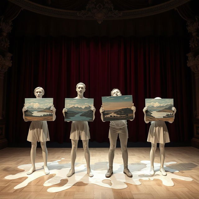 Crude plaster statues melting together of four horrified students uniquely posed on a theater stage, each holding a different canvas of a landscape