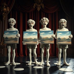 Crude plaster statues melting together of four horrified students uniquely posed on a theater stage, each holding a different canvas of a landscape