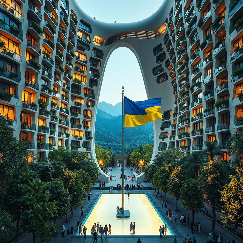 A super realistic depiction of a bionic building with a futuristic, twisting, and irregular shape, featuring a large, transparent opening that resembles the map of Ukraine, clearly visible to onlookers