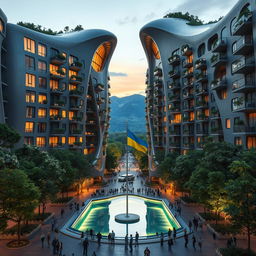 A super realistic depiction of a bionic building with a futuristic, twisting, and irregular shape, featuring a large, transparent opening that resembles the map of Ukraine, clearly visible to onlookers