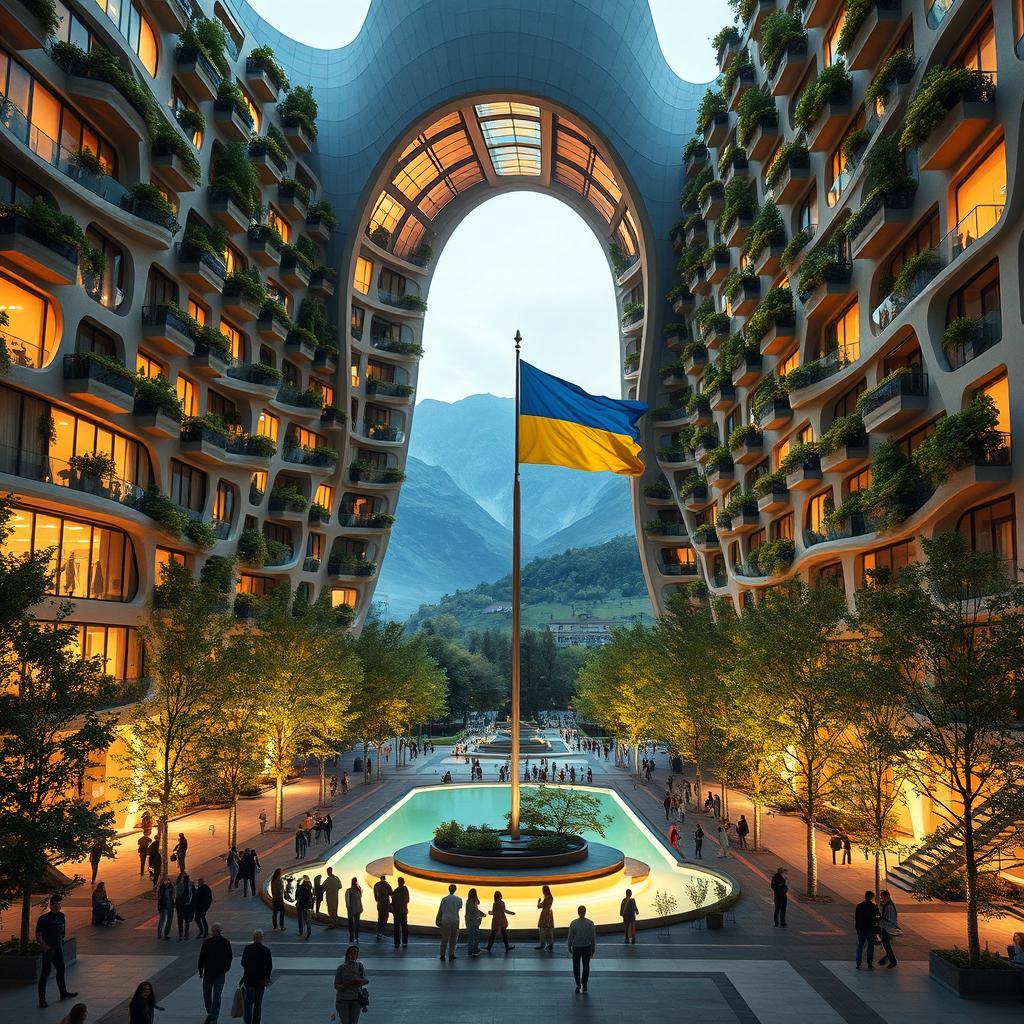 A super realistic depiction of a bionic building with a futuristic, twisting, and irregular shape, featuring a large, transparent opening that resembles the map of Ukraine, clearly visible to onlookers