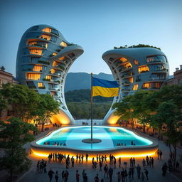 A super realistic depiction of a bionic building with a futuristic, twisting, and irregular shape, featuring a large, transparent opening that resembles the map of Ukraine, clearly visible to onlookers