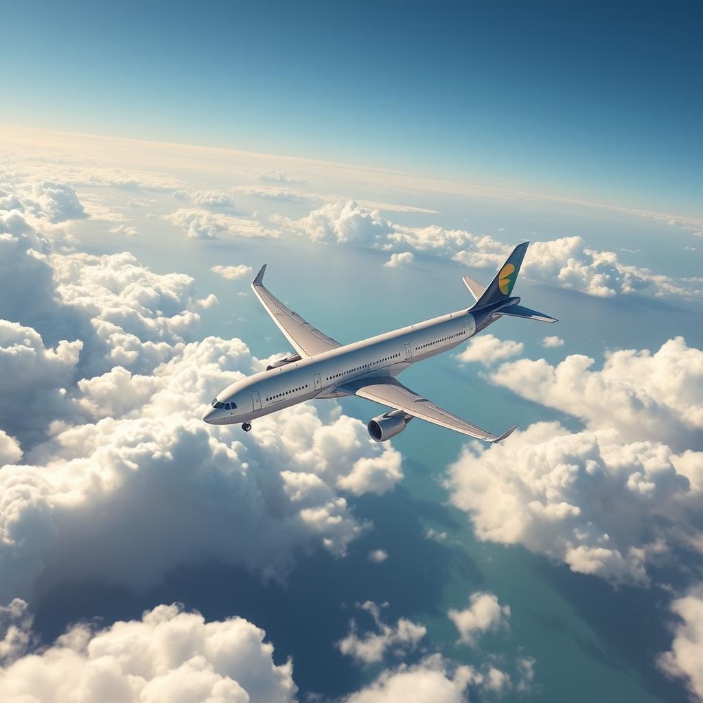 An Airbus A330-200 airplane flying majestically over the sea, viewed from above the clouds