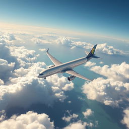 An Airbus A330-200 airplane flying majestically over the sea, viewed from above the clouds