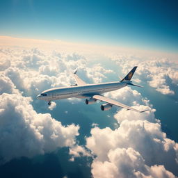 An Airbus A330-200 airplane flying majestically over the sea, viewed from above the clouds