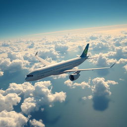 An Airbus A330-200 airplane flying majestically over the sea, viewed from above the clouds