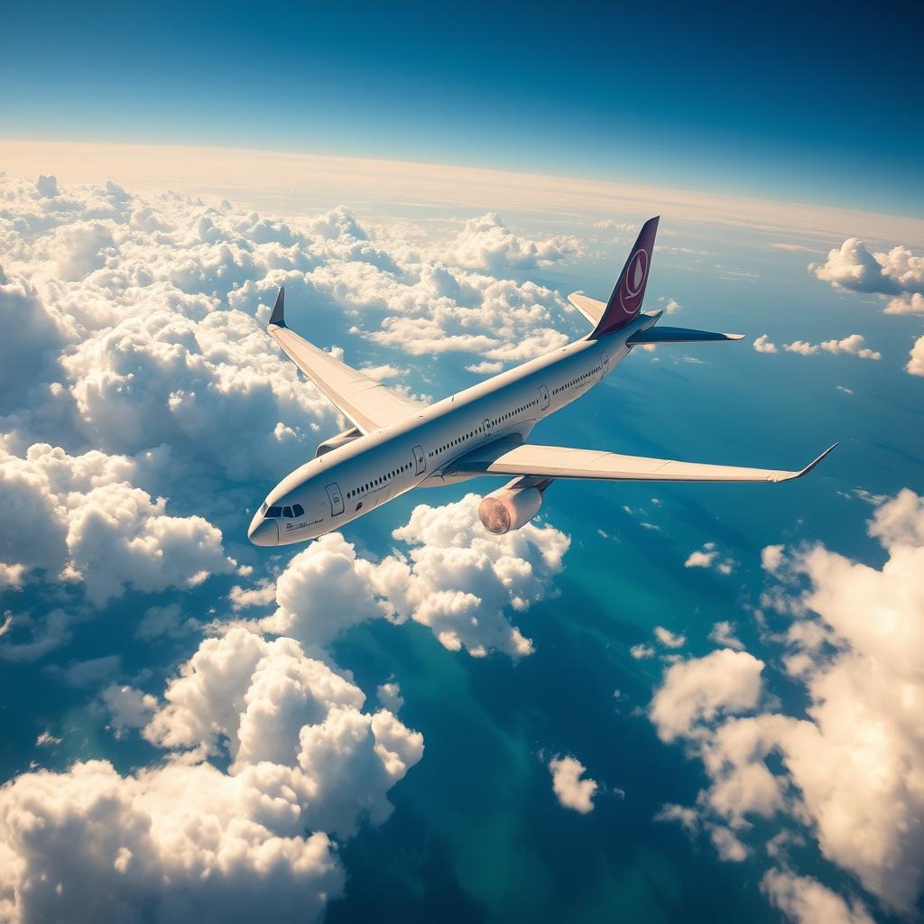 An Airbus A330-200 airplane flying majestically over the sea, viewed from above the clouds