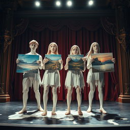 Crude plaster statues melting together of four horrified college students in different poses on a theater stage, each holding a canvas of a unique landscape