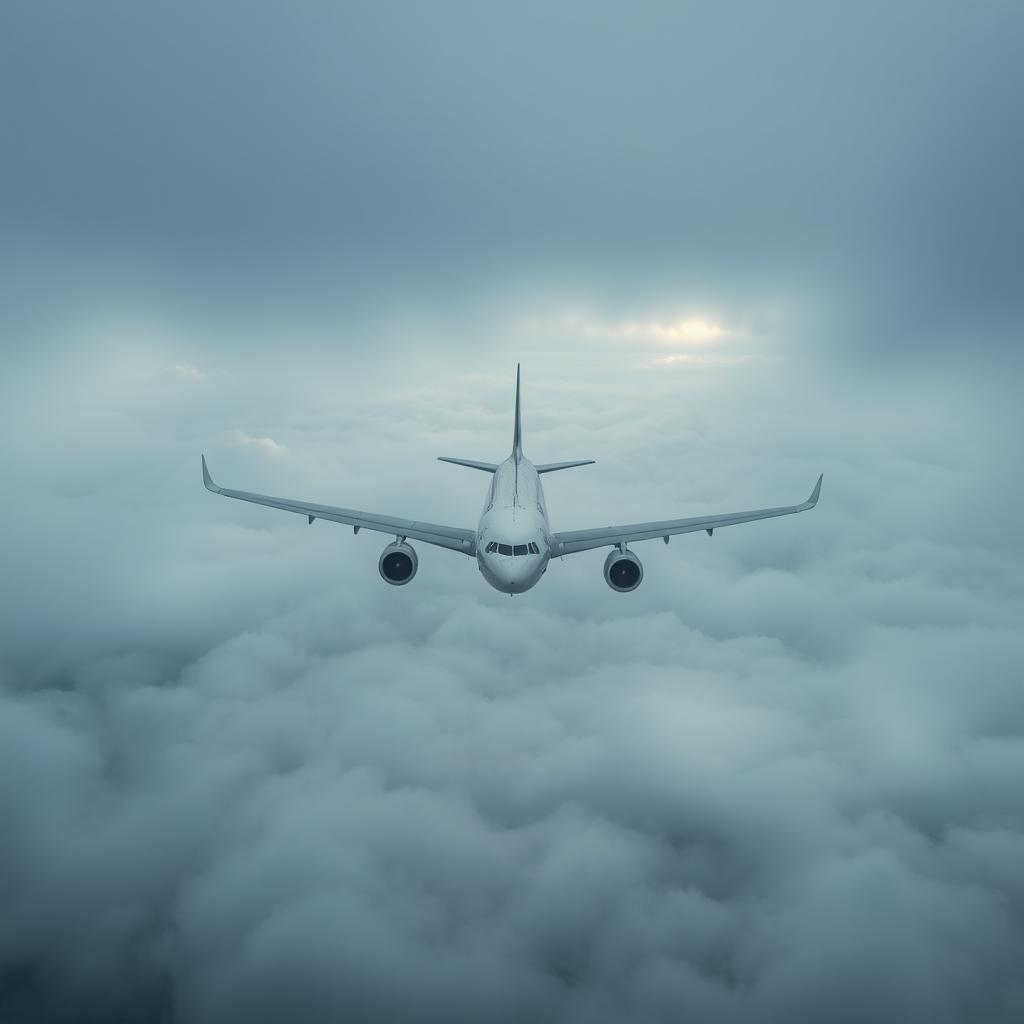 An Airbus A330-200 airplane flying over the sea, viewed from above the clouds on a cloudy day