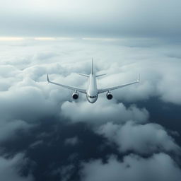 An Airbus A330-200 airplane flying over the sea, viewed from above the clouds on a cloudy day