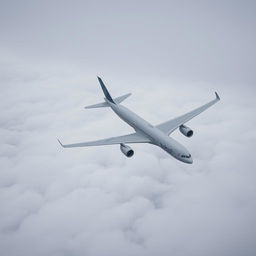 An Airbus A330-200 airplane flying over the sea, viewed from above the clouds on a cloudy day