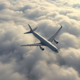 An Airbus A330-200 airplane flying over the sea, viewed from above the clouds on a cloudy day