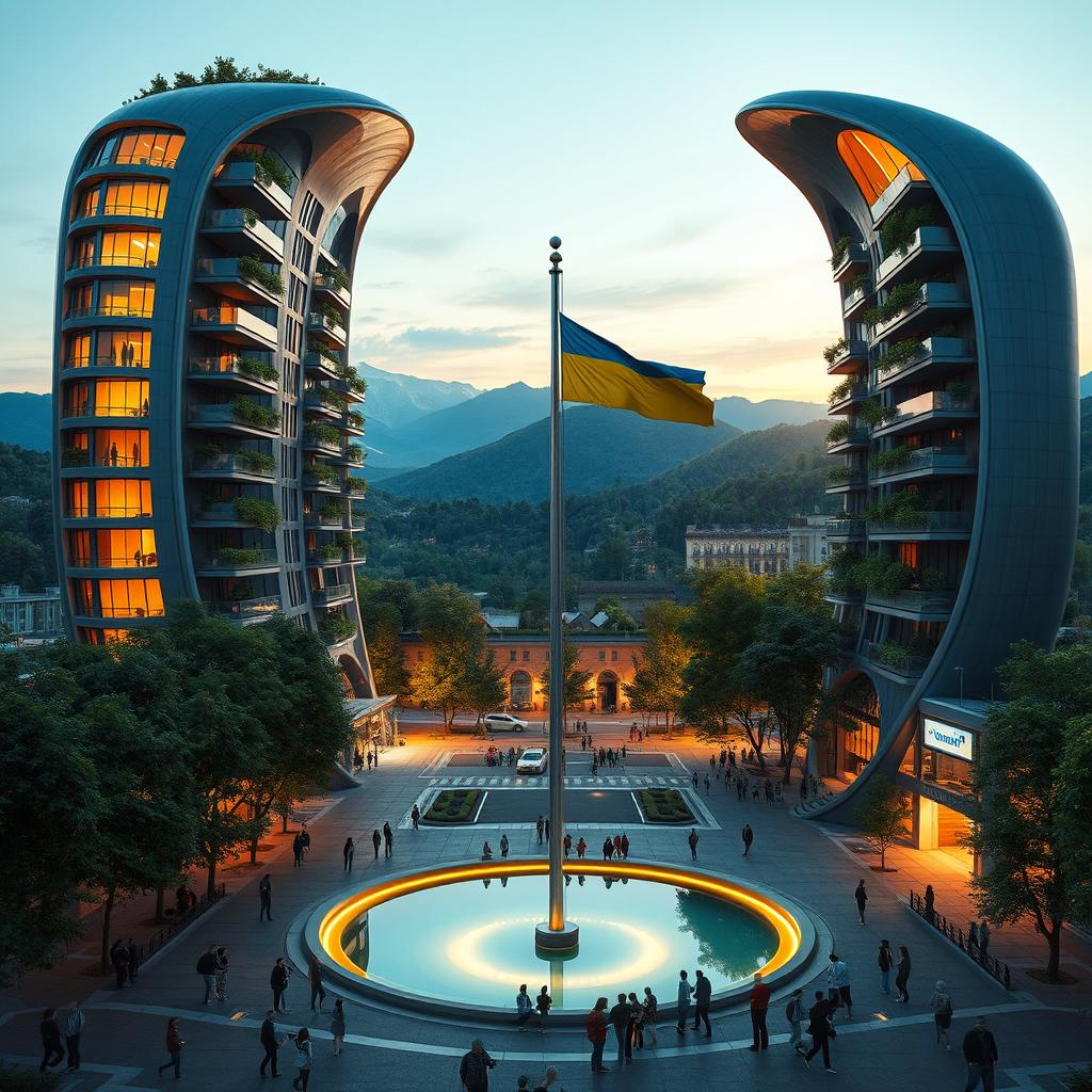 A super realistic depiction of a bionic building with a futuristic, twisting, irregular shape
