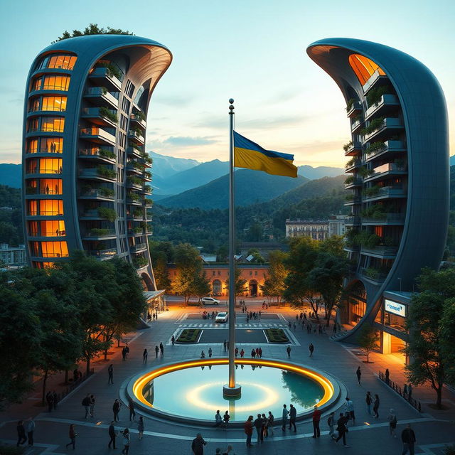A super realistic depiction of a bionic building with a futuristic, twisting, irregular shape