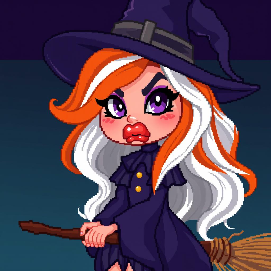 pixel art witch character with long wavy orange and white hair, large pouty lips, dark heavy eye makeup, riding a broom, expressive demeanor